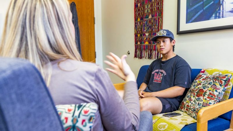 student talks to therapist